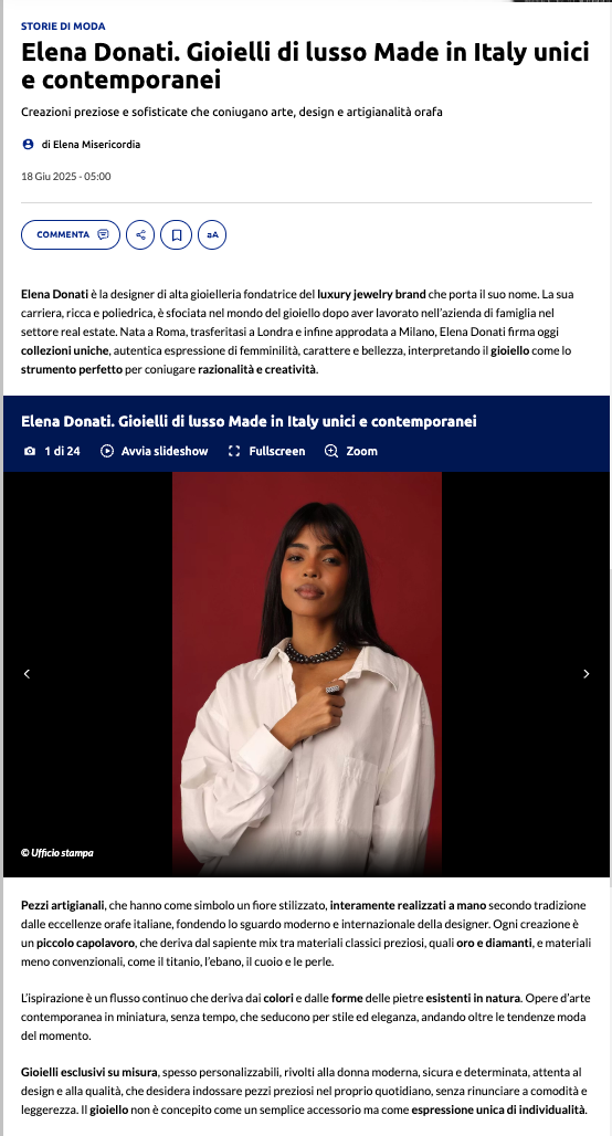 "Elena Donati. Gioielli di lusso Made in Italy unici e contemporanei -   ""Storie di Moda"" Tgcom 24 Giugno 2025 "